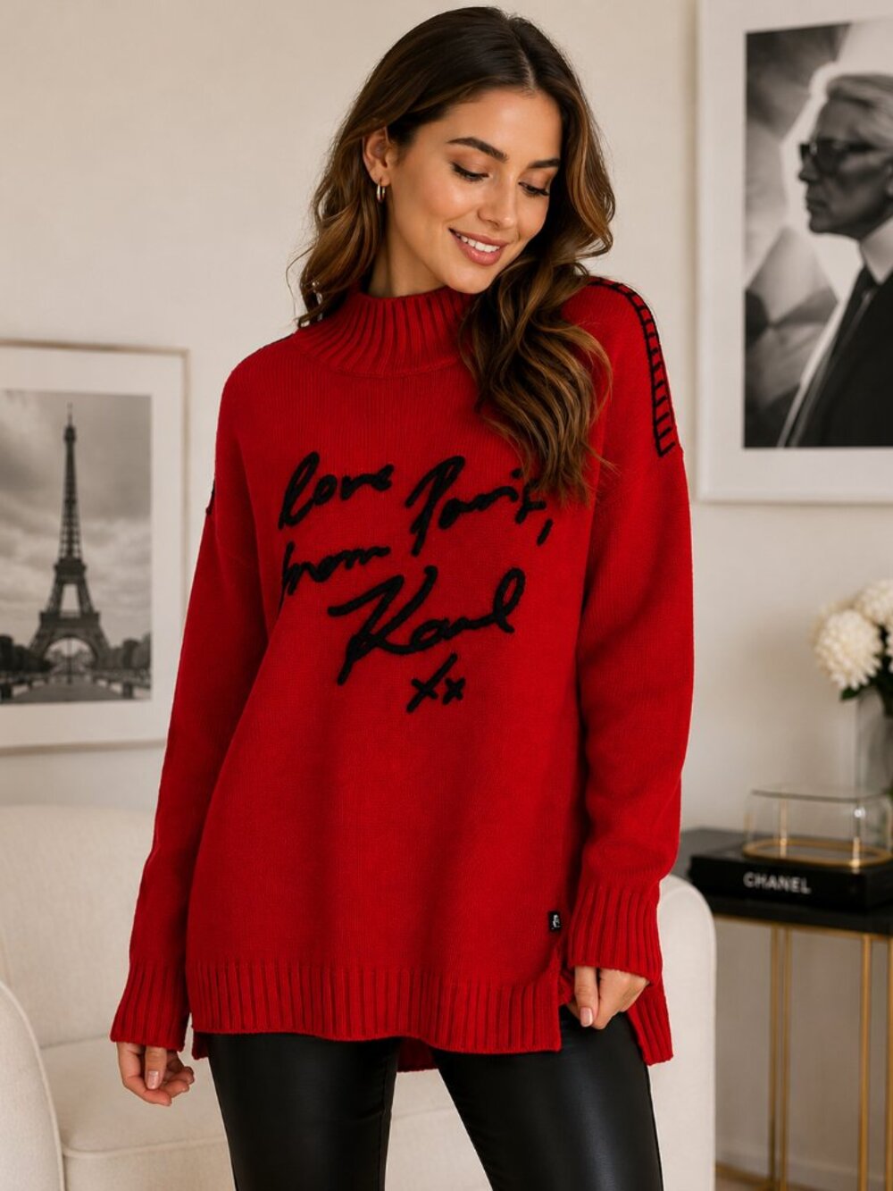 Karl Lagerfeld Paris Love From Paris Karl Mock Neck Sweater Red Large